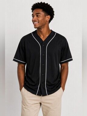 FOREVER 21 Men's Black Baseball Jersey Sz M White Piping Y2K Streetwear